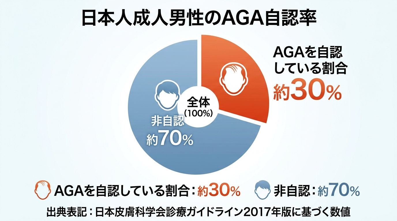 タイトル: 日本人成人男性のAGA自認率。円グラフ: 全体を100%とし、AGAを自認している割合 約30%を強調表示、残り約70%は非自認として表示。出典表記: 日本皮膚科学会診療ガイドライン2017年版に基づく数値。