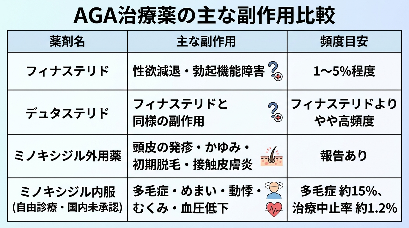 タイトル: AGA治療薬の主な副作用比較。3列の表: ヘッダー行: 薬剤名 | 主な副作用 | 頻度目安。行1: フィナステリド | 性欲減退・勃起機能障害 | 1〜5%程度。行2: デュタステリド | フィナステリドと同様の副作用 | フィナステリドよりやや高頻度。行3: ミノキシジル外用薬 | 頭皮の発疹・かゆみ・初期脱毛・接触皮膚炎 | 報告あり。行4: ミノキシジル内服(自由診療・国内未承認) | 多毛症・めまい・動悸・むくみ・血圧低下 | 多毛症 約15%、治療中止率 約1.2%。
