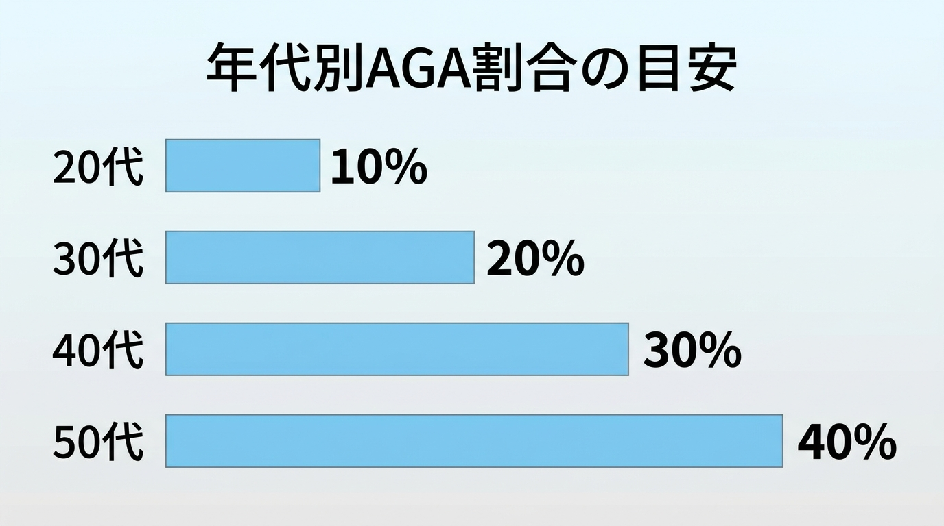 タイトル: 年代別AGA割合の目安。横棒グラフ4本: 20代 10%、30代 20%、40代 30%、50代 40%。