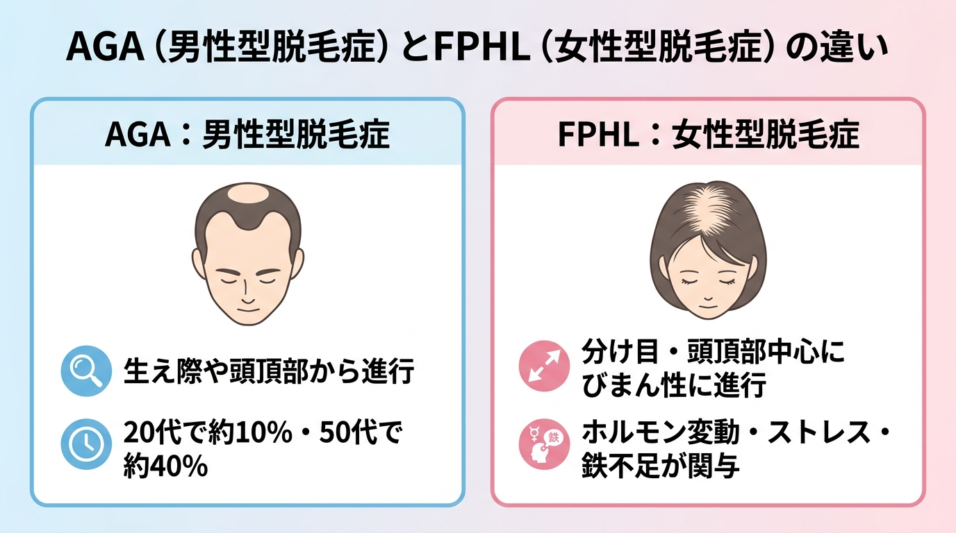 タイトル: AGA(男性型脱毛症)とFPHL(女性型脱毛症)の違い。2枚のカード比較: カード1(男性のイラスト、生え際後退+頭頂部)AGA: 生え際や頭頂部から進行、20代で約10%・50代で約40%。カード2(女性のイラスト、全体的にボリューム減少)FPHL: 分け目・頭頂部中心にびまん性に進行、ホルモン変動・ストレス・鉄不足が関与。