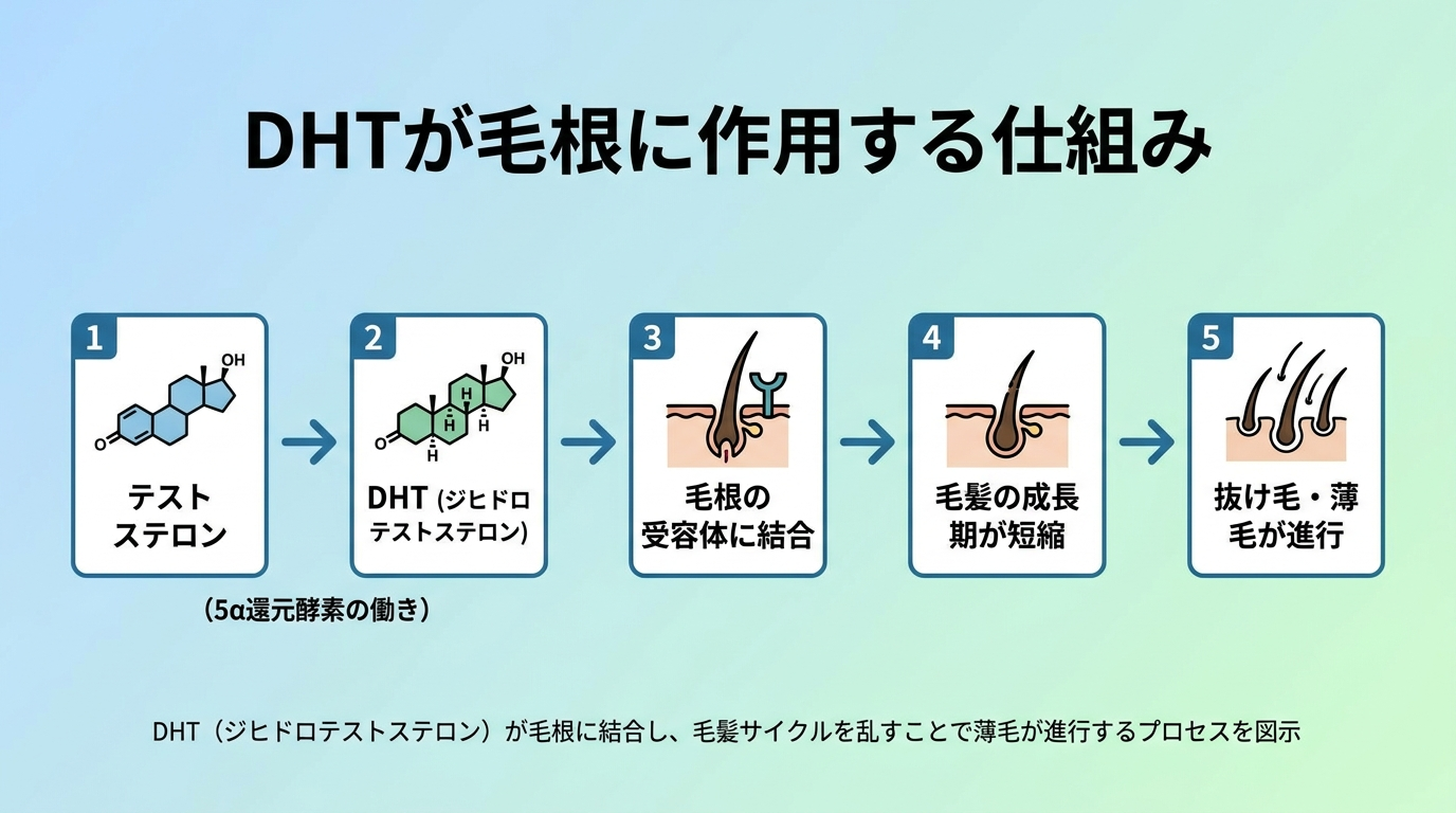 タイトル: DHTが毛根に作用する仕組み。フロー図: テストステロン→(5α還元酵素の働き)→DHT(ジヒドロテストステロン)→毛根の受容体に結合→毛髪の成長期が短縮→抜け毛・薄毛が進行。