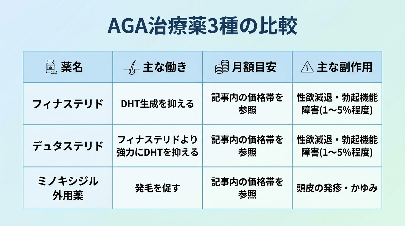 タイトル: AGA治療薬3種の比較。4列の表: ヘッダー行: 薬名 | 主な働き | 月額目安 | 主な副作用。行1: フィナステリド | DHT生成を抑える | 記事内の価格帯を参照 | 性欲減退・勃起機能障害(1〜5%程度)。行2: デュタステリド | フィナステリドより強力にDHTを抑える | 記事内の価格帯を参照 | 性欲減退・勃起機能障害(1〜5%程度)。行3: ミノキシジル外用薬 | 発毛を促す | 記事内の価格帯を参照 | 頭皮の発疹・かゆみ。