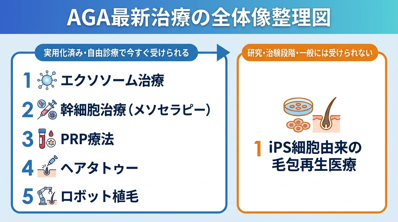 タイトル: AGA最新治療の全体像整理図。2つのカテゴリーに分類: カード1(実用化済み・自由診療で今すぐ受けられる): エクソソーム治療、幹細胞治療(メソセラピー)、PRP療法、ヘアタトゥー、ロボット植毛。カード2(研究・治験段階・一般には受けられない): iPS細胞由来の毛包再生医療。両カードを矢印や境界線で明確に区別して表示。