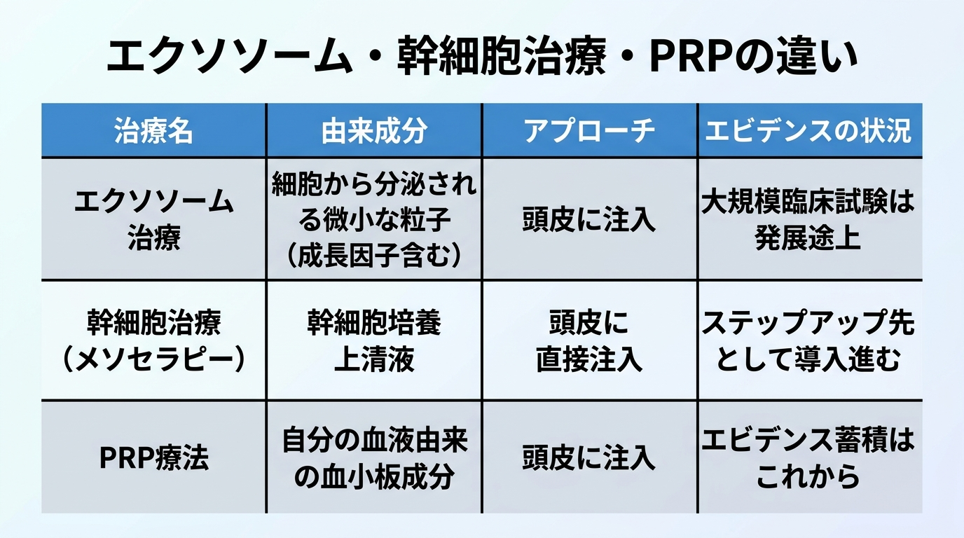 タイトル: エクソソーム・幹細胞治療・PRPの違い。4列の表: ヘッダー行: 治療名 | 由来成分 | アプローチ | エビデンスの状況。行1: エクソソーム治療 | 細胞から分泌される微小な粒子(成長因子含む) | 頭皮に注入 | 大規模臨床試験は発展途上。行2: 幹細胞治療(メソセラピー) | 幹細胞培養上清液 | 頭皮に直接注入 | ステップアップ先として導入進む。行3: PRP療法 | 自分の血液由来の血小板成分 | 頭皮に注入 | エビデンス蓄積はこれから。