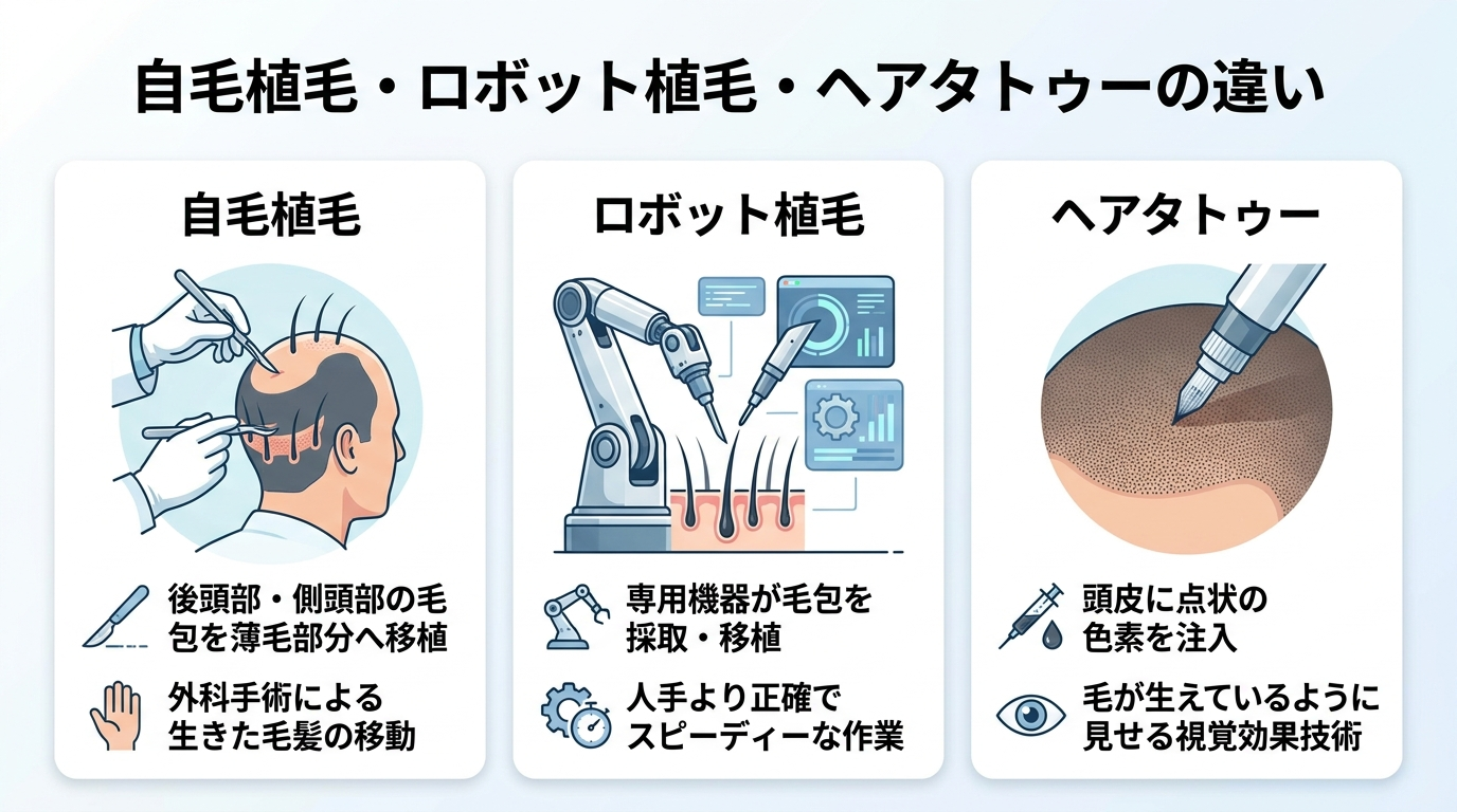 タイトル: 自毛植毛・ロボット植毛・ヘアタトゥーの違い。3つのカードを横並び: カード1「自毛植毛」後頭部・側頭部の毛包を薄毛部分へ移植する外科手術のイラスト。カード2「ロボット植毛」専用機器が毛包を採取・移植する様子のイラスト。カード3「ヘアタトゥー」頭皮に点状の色素を入れて毛が生えているように見せる技術のイラスト。