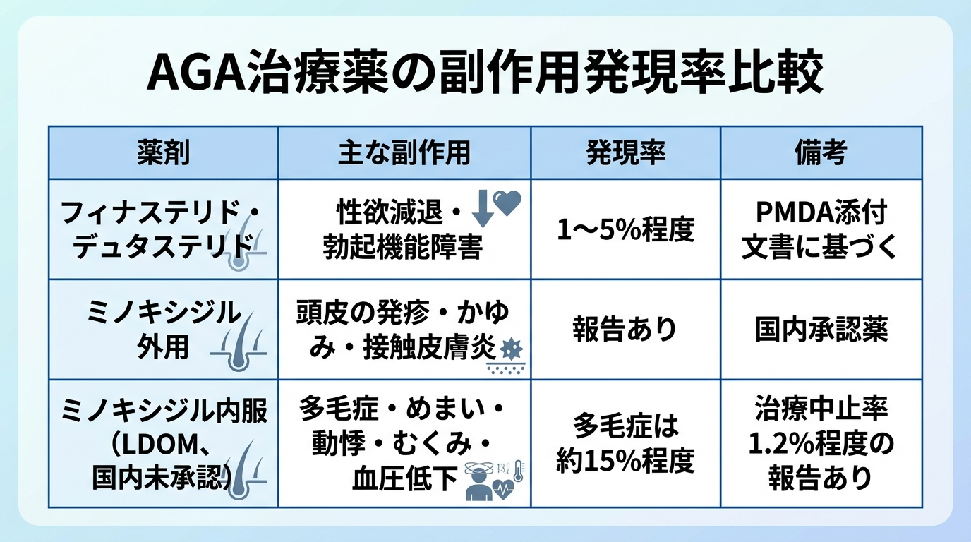 タイトル: AGA治療薬の副作用発現率比較。4列の表: ヘッダー行: 薬剤 | 主な副作用 | 発現率 | 備考。行1: フィナステリド・デュタステリド | 性欲減退・勃起機能障害 | 1〜5%程度 | PMDA添付文書に基づく。行2: ミノキシジル外用 | 頭皮の発疹・かゆみ・接触皮膚炎 | 報告あり | 国内承認薬。行3: ミノキシジル内服(LDOM、国内未承認) | 多毛症・めまい・動悸・むくみ・血圧低下 | 多毛症は約15%程度 | 治療中止率1.2%程度の報告あり。
