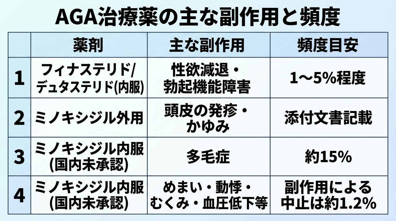 タイトル: AGA治療薬の主な副作用と頻度。表: 薬剤|主な副作用|頻度目安。行1: フィナステリド/デュタステリド(内服)|性欲減退・勃起機能障害|1〜5%程度。行2: ミノキシジル外用|頭皮の発疹・かゆみ|添付文書記載。行3: ミノキシジル内服(国内未承認)|多毛症|約15%。行4: ミノキシジル内服(国内未承認)|めまい・動悸・むくみ・血圧低下等|副作用による中止は約1.2%