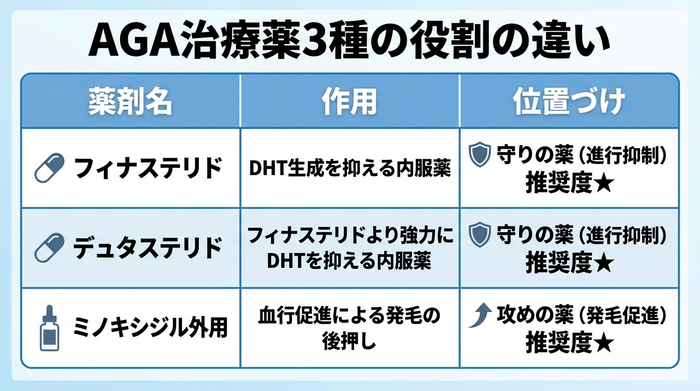 タイトル: AGA治療薬3種の役割の違い。3列表: ヘッダー行: 薬剤名 | 作用 | 位置づけ。行1: フィナステリド | DHT生成を抑える内服薬 | 守りの薬(進行抑制)推奨度A。行2: デュタステリド | フィナステリドより強力にDHTを抑える内服薬 | 守りの薬(進行抑制)推奨度A。行3: ミノキシジル外用 | 血行促進による発毛の後押し | 攻めの薬(発毛促進)推奨度A