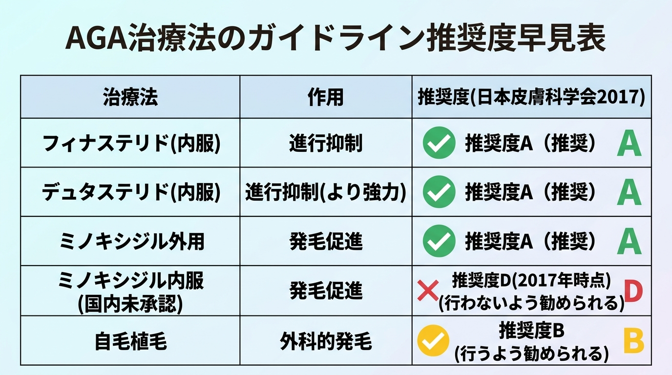 タイトル: AGA治療法のガイドライン推奨度早見表。3列表: ヘッダー行: 治療法|作用|推奨度(日本皮膚科学会2017)。行1: フィナステリド(内服)|進行抑制|推奨度A。行2: デュタステリド(内服)|進行抑制(より強力)|推奨度A。行3: ミノキシジル外用|発毛促進|推奨度A。行4: ミノキシジル内服(国内未承認)|発毛促進|推奨度D(2017年時点)。行5: 自毛植毛|外科的発毛|推奨度B