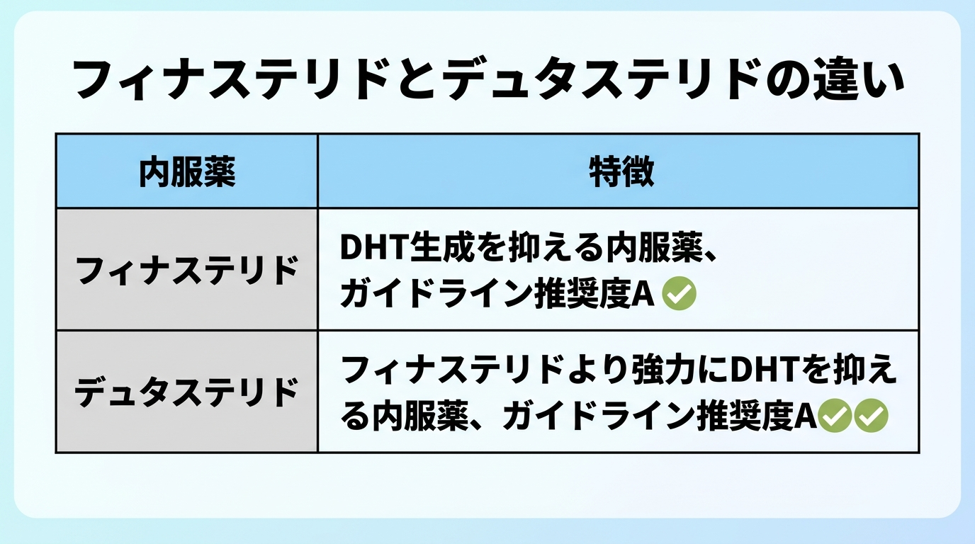 タイトル: フィナステリドとデュタステリドの違い。2列比較表: ヘッダー行: 内服薬|特徴。行1: フィナステリド|DHT生成を抑える内服薬、ガイドライン推奨度A。行2: デュタステリド|フィナステリドより強力にDHTを抑える内服薬、ガイドライン推奨度A