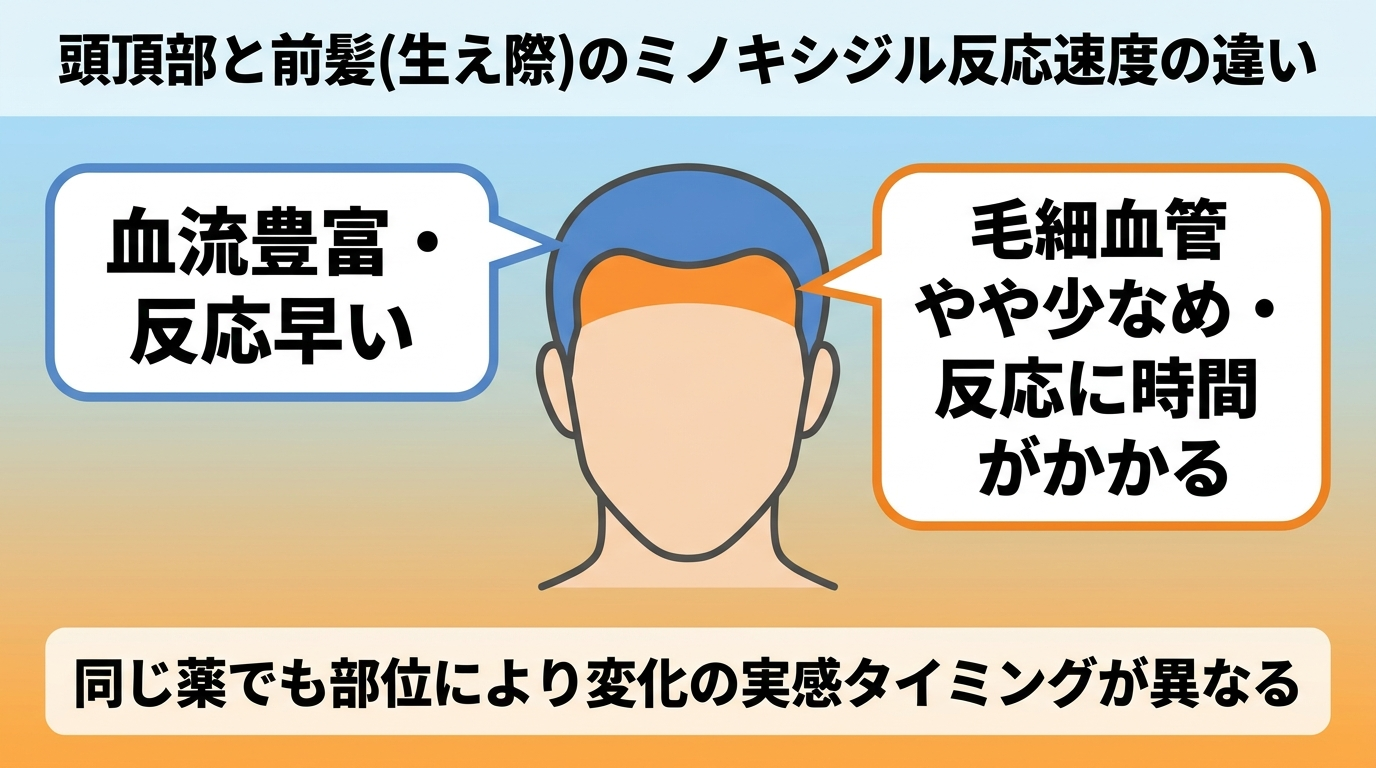 タイトル: 頭頂部と前髪(生え際)のミノキシジル反応速度の違い。イラスト: 頭部シルエットを2エリアに色分け(頭頂部=青、前髪生え際=オレンジ)。頭頂部エリアには「血流豊富・反応早い」、前髪生え際エリアには「毛細血管やや少なめ・反応に時間がかかる」という吹き出しテキストを添える。下部に「同じ薬でも部位により変化の実感タイミングが異なる」という注記テキスト。