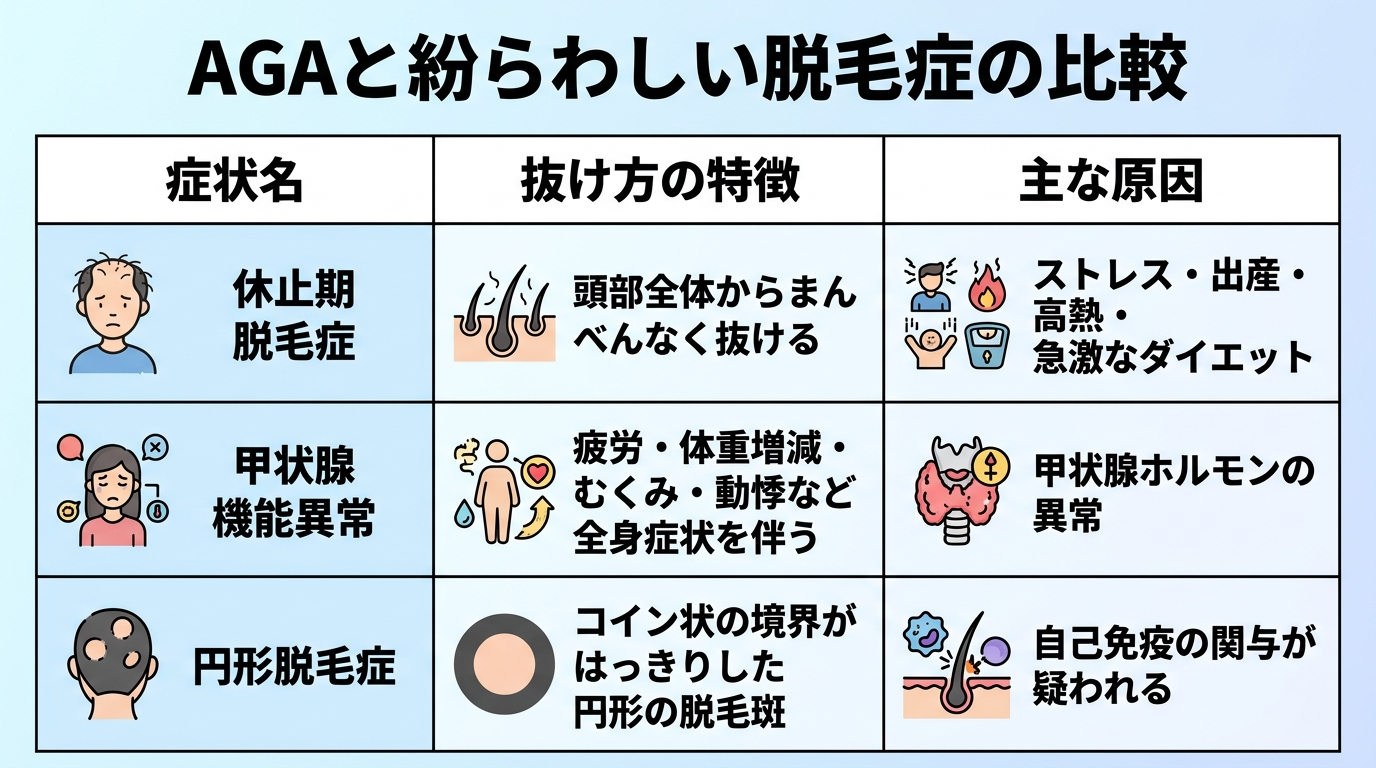 タイトル: AGAと紛らわしい脱毛症の比較。3列の表: ヘッダー行: 症状名 | 抜け方の特徴 | 主な原因。行1: 休止期脱毛症 | 頭部全体からまんべんなく抜ける | ストレス・出産・高熱・急激なダイエット。行2: 甲状腺機能異常 | 疲労・体重増減・むくみ・動悸など全身症状を伴う | 甲状腺ホルモンの異常。行3: 円形脱毛症 | コイン状の境界がはっきりした円形の脱毛斑 | 自己免疫の関与が疑われる。
