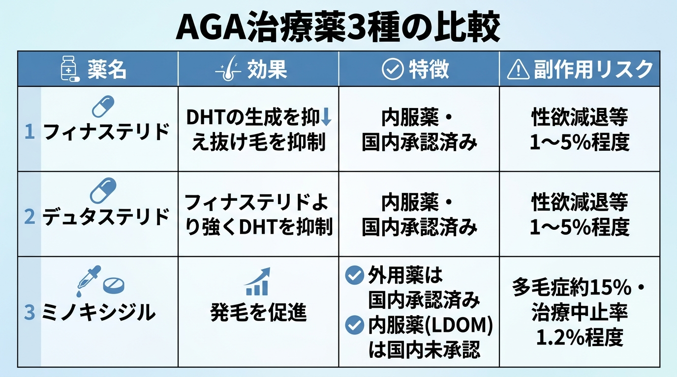 タイトル: AGA治療薬3種の比較。4列の表: ヘッダー行: 薬名 | 効果 | 特徴 | 副作用リスク。行1: フィナステリド | DHTの生成を抑え抜け毛を抑制 | 内服薬・国内承認済み | 性欲減退等1〜5%程度。行2: デュタステリド | フィナステリドより強くDHTを抑制 | 内服薬・国内承認済み | 性欲減退等1〜5%程度。行3: ミノキシジル | 発毛を促進 | 外用薬は国内承認済み、内服薬(LDOM)は国内未承認 | 多毛症約15%、治療中止率1.2%程度。