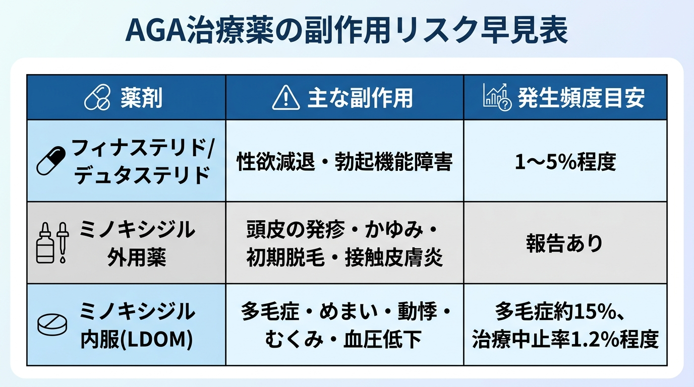 タイトル: AGA治療薬の副作用リスク早見表。3列の表: ヘッダー行: 薬剤 | 主な副作用 | 発生頻度目安。行1: フィナステリド/デュタステリド | 性欲減退・勃起機能障害 | 1〜5%程度。行2: ミノキシジル外用薬 | 頭皮の発疹・かゆみ・初期脱毛・接触皮膚炎 | 報告あり。行3: ミノキシジル内服(LDOM) | 多毛症・めまい・動悸・むくみ・血圧低下 | 多毛症約15%、治療中止率1.2%程度。