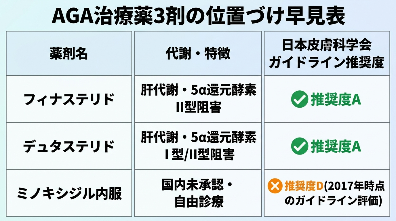タイトル: AGA治療薬3剤の位置づけ早見表。3列の表: 薬剤名 | 代謝・特徴 | 日本皮膚科学会ガイドライン推奨度。行1: フィナステリド | 肝代謝・5α還元酵素II型阻害 | 推奨度A。行2: デュタステリド | 肝代謝・5α還元酵素I型/II型阻害 | 推奨度A。行3: ミノキシジル内服 | 国内未承認・自由診療 | 推奨度D(2017年時点のガイドライン評価)