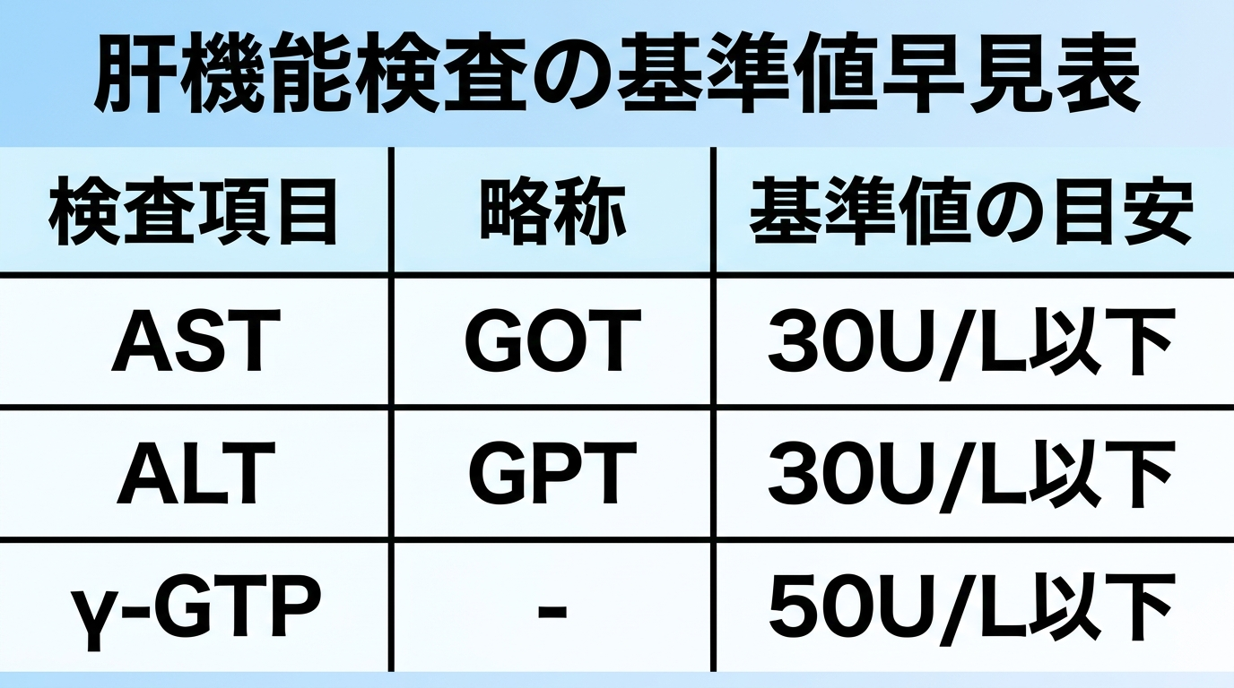 タイトル: 肝機能検査の基準値早見表。3列の表: 検査項目 | 略称 | 基準値の目安。行1: AST | GOT | 30U/L以下。行2: ALT | GPT | 30U/L以下。行3: γ-GTP | - | 50U/L以下。
