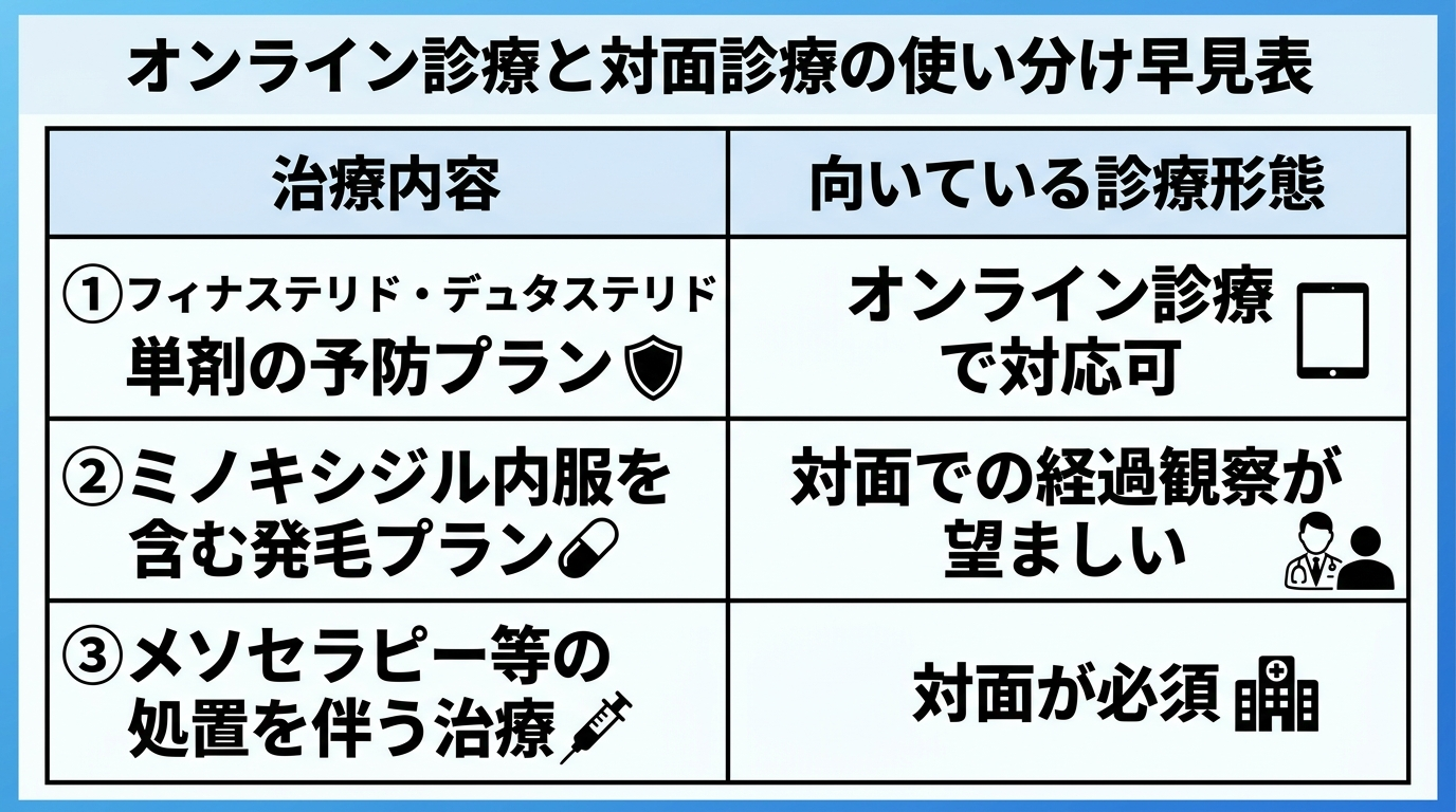 タイトル: オンライン診療と対面診療の使い分け早見表。2列の表: 治療内容 | 向いている診療形態。行1: フィナステリド・デュタステリド単剤の予防プラン | オンライン診療で対応可。行2: ミノキシジル内服を含む発毛プラン | 対面での経過観察が望ましい。行3: メソセラピー等の処置を伴う治療 | 対面が必須。
