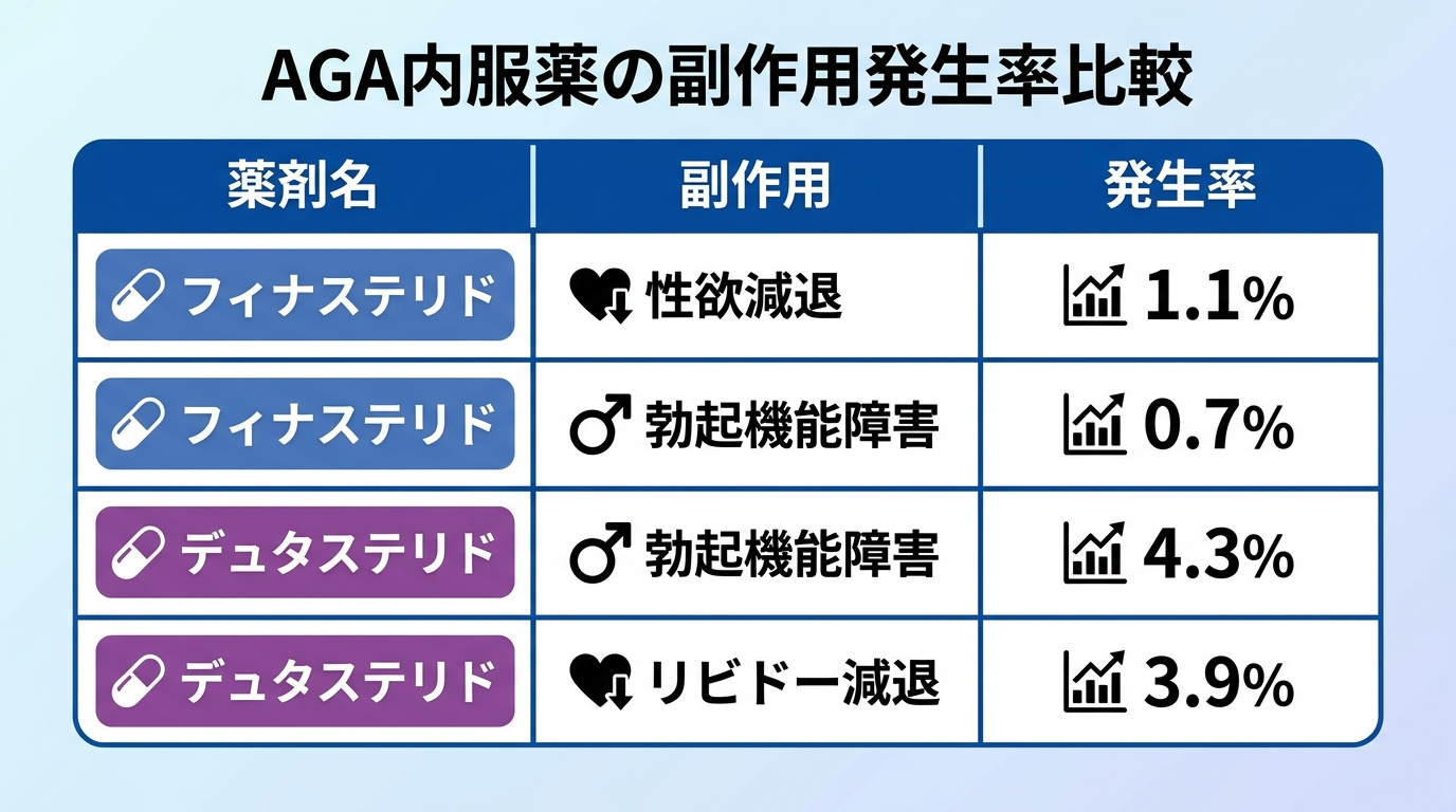 タイトル: AGA内服薬の副作用発生率比較。3列の表: 薬剤名 | 副作用 | 発生率。行1: フィナステリド | 性欲減退 | 1.1%。行2: フィナステリド | 勃起機能障害 | 0.7%。行3: デュタステリド | 勃起機能障害 | 4.3%。行4: デュタステリド | リビドー減退 | 3.9%。