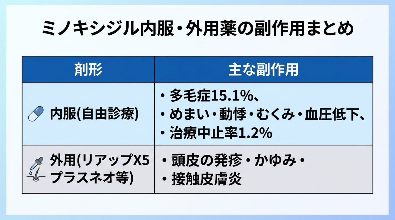 タイトル: ミノキシジル内服・外用薬の副作用まとめ。2列の表: 剤形 | 主な副作用。行1: 内服(自由診療) | 多毛症15.1%、めまい・動悸・むくみ・血圧低下、治療中止率1.2%。行2: 外用(リアップX5プラスネオ等) | 頭皮の発疹・かゆみ・接触皮膚炎。