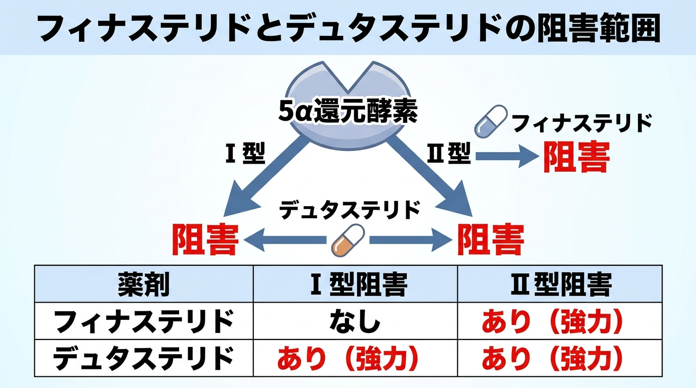 タイトル: フィナステリドとデュタステリドの阻害範囲。イラスト図: 中央に5α還元酵素、そこからⅠ型とⅡ型の矢印が分岐。Ⅱ型の矢印にはフィナステリドのアイコンと『阻害』の表示、Ⅰ型・Ⅱ型両方の矢印にはデュタステリドのアイコンと『阻害』の表示。