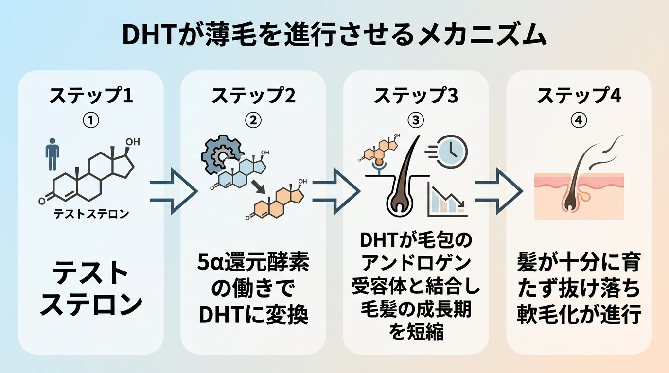 タイトル: DHTが薄毛を進行させるメカニズム。フロー図(左から右へ矢印3段階): ステップ1 テストステロン → ステップ2 5α還元酵素の働きでDHTに変換 → ステップ3 DHTが毛包のアンドロゲン受容体と結合し毛髪の成長期を短縮 → ステップ4 髪が十分に育たず抜け落ち軟毛化が進行。
