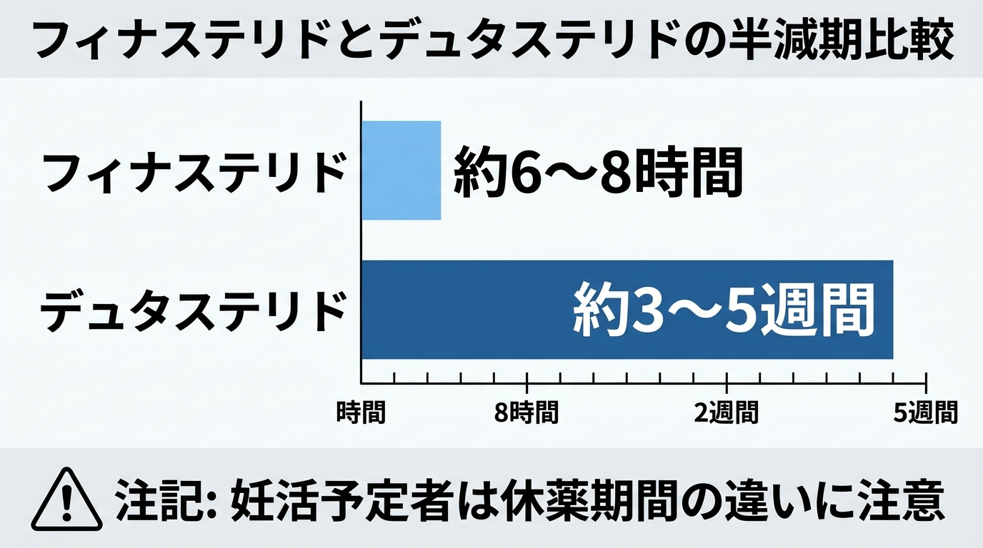 タイトル: フィナステリドとデュタステリドの半減期比較。横棒グラフ: フィナステリド 約6〜8時間(短いバー) / デュタステリド 約3〜5週間(長いバー、フィナステリドの数十倍のスケール)。注記: 妊活予定者は休薬期間の違いに注意。