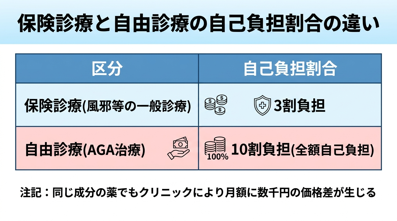タイトル: 保険診療と自由診療の自己負担割合の違い。2列の表: 区分 | 自己負担割合。保険診療(風邪等の一般診療) | 3割負担。自由診療(AGA治療) | 10割負担(全額自己負担)。注記: 同じ成分の薬でもクリニックにより月額に数千円の価格差が生じる。