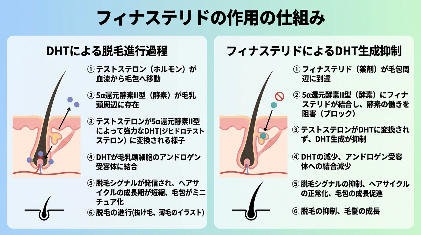 タイトル: フィナステリドの作用の仕組み。イラストで、毛包周辺でDHT(ジヒドロテストステロン)が脱毛を進行させる過程と、フィナステリドが5α還元酵素II型を阻害してDHT生成を抑える仕組みを対比図解。