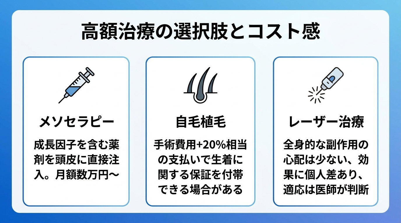 タイトル: 高額治療の選択肢とコスト感。横並び3カード: カード1(注射のアイコン) ヘッダー: メソセラピー、説明: 成長因子を含む薬剤を頭皮に直接注入、月額数万円〜。カード2(髪のアイコン) ヘッダー: 自毛植毛、説明: 手術費用+20%相当の支払いで生着に関する保証を付帯できる場合がある。カード3(光線のアイコン) ヘッダー: レーザー治療、説明: 全身的な副作用の心配は少ないが効果に個人差あり、適応は医師が判断。
