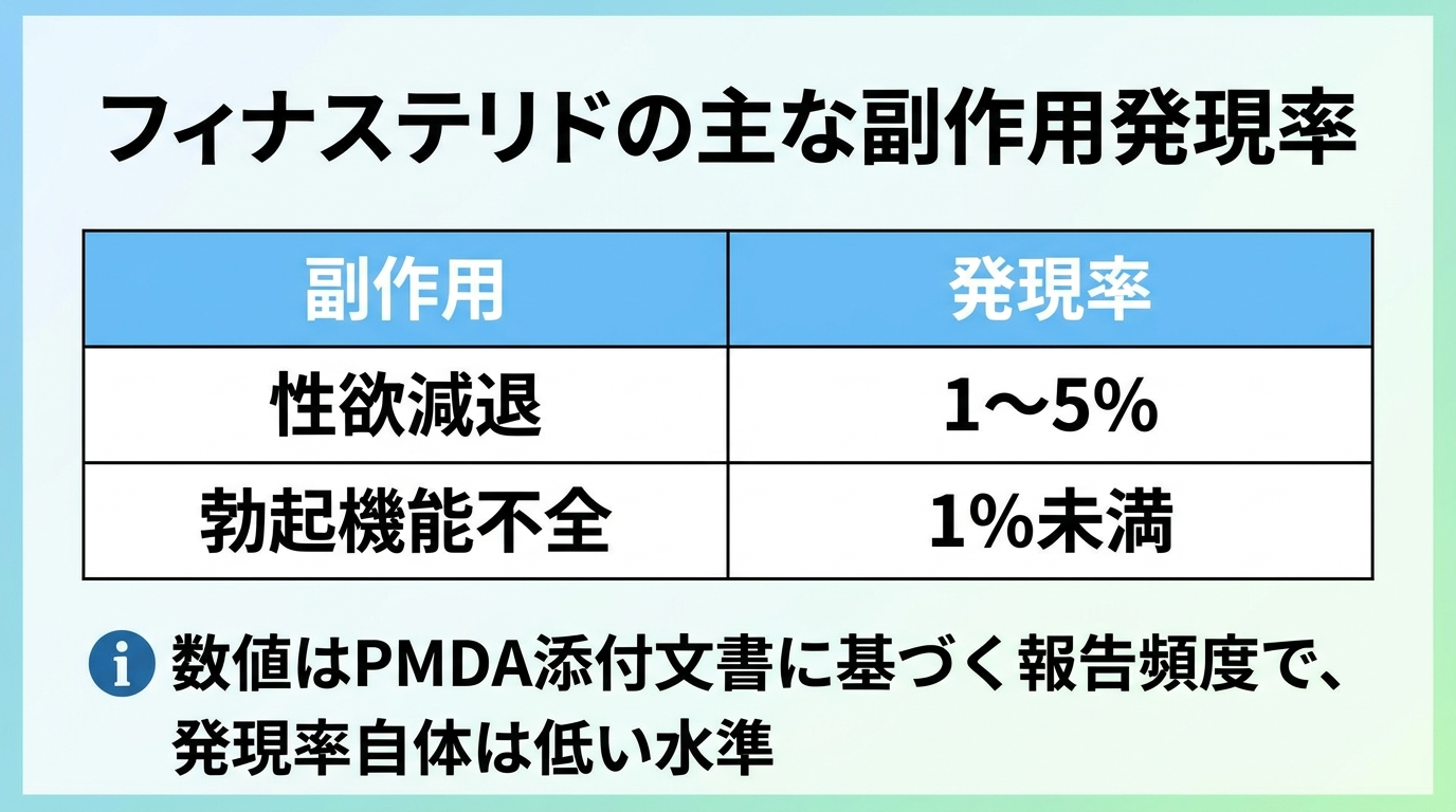 タイトル: フィナステリドの主な副作用発現率。表: 副作用 | 発現率。性欲減退 | 1〜5%。勃起機能不全 | 1%未満。注記: 数値はPMDA添付文書に基づく報告頻度で、発現率自体は低い水準。
