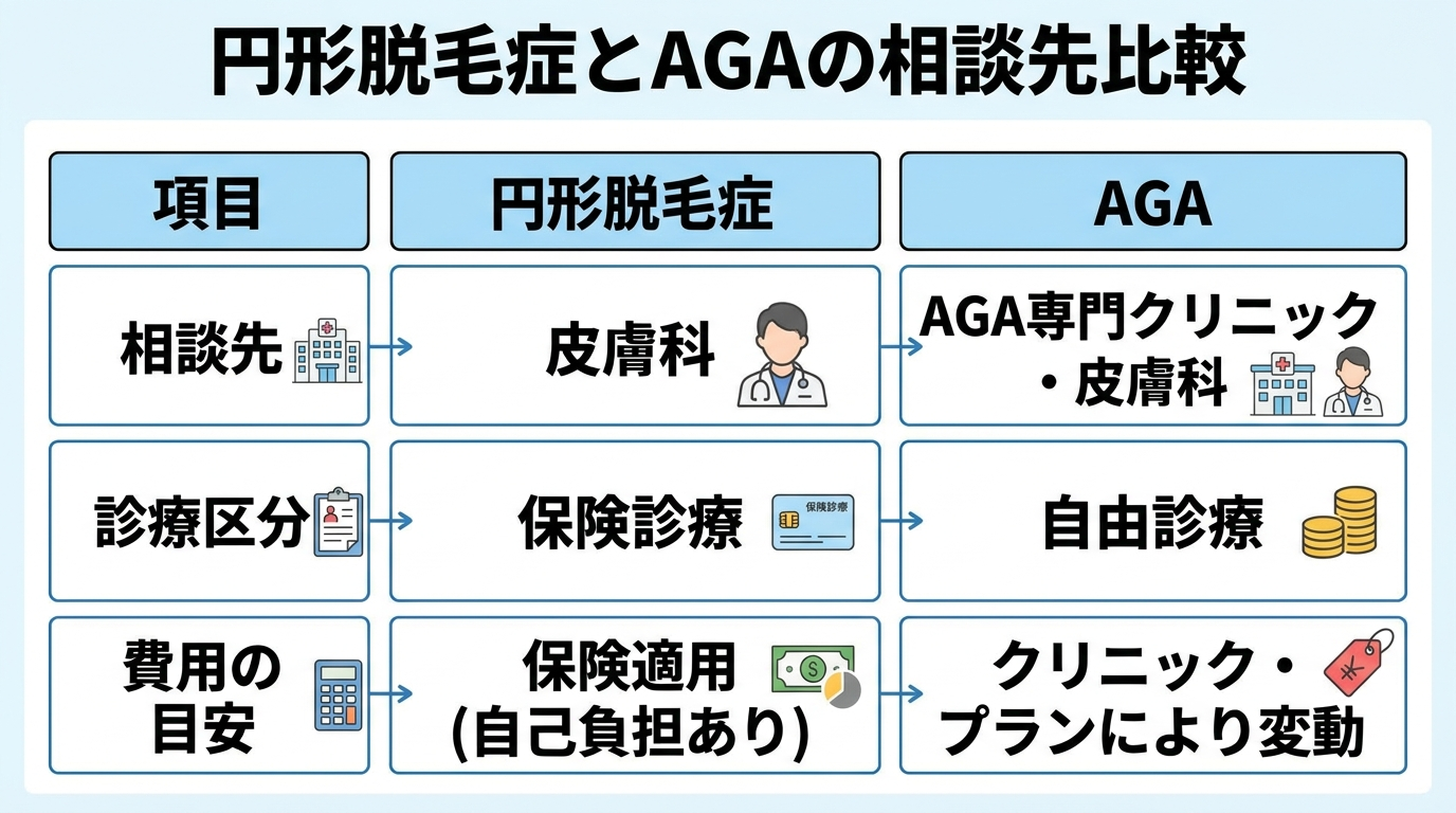 タイトル: 円形脱毛症とAGAの相談先比較。3列表:項目|円形脱毛症|AGA。行1:相談先|皮膚科|AGA専門クリニック・皮膚科。行2:診療区分|保険診療|自由診療。行3:費用の目安|保険適用(自己負担あり)|クリニック・プランにより変動。