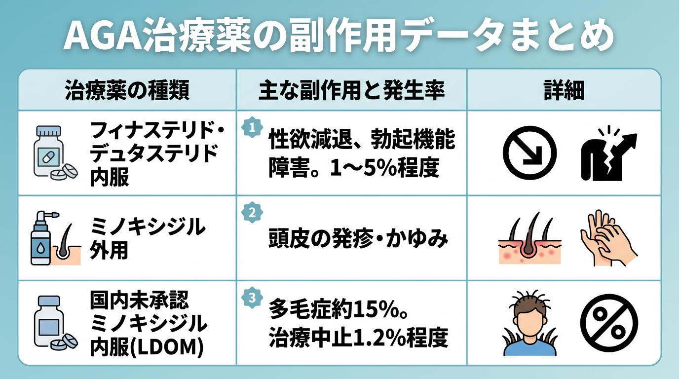 タイトル: AGA治療薬の副作用データまとめ。フィナステリド・デュタステリド内服:性欲減退や勃起機能障害1〜5%程度。ミノキシジル外用:頭皮の発疹・かゆみ。国内未承認ミノキシジル内服(LDOM):多毛症約15%・治療中止1.2%程度。