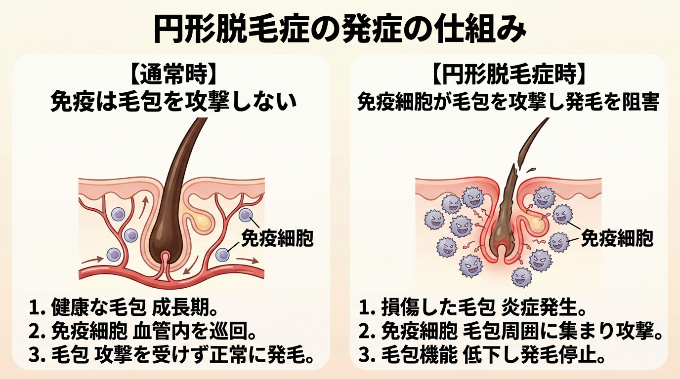 タイトル: 円形脱毛症の発症の仕組み。通常時:免疫は毛包を攻撃しない。円形脱毛症時:免疫細胞が毛包周囲に集まり攻撃し、毛を作る働きを妨げる。2コマ比較イラスト。