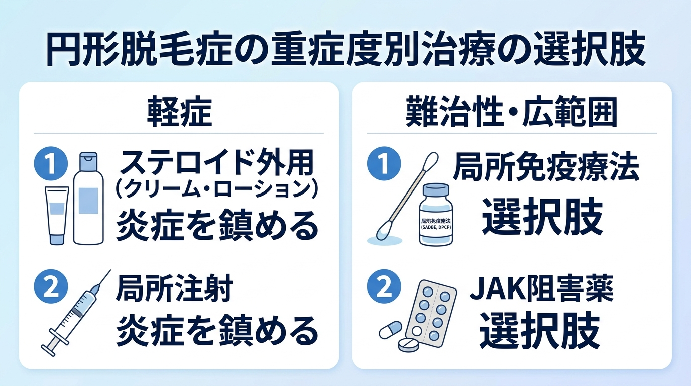 タイトル: 円形脱毛症の重症度別治療の選択肢。軽症:ステロイド外用・局所注射で炎症を鎮める。難治性・広範囲:局所免疫療法やJAK阻害薬が選択肢。