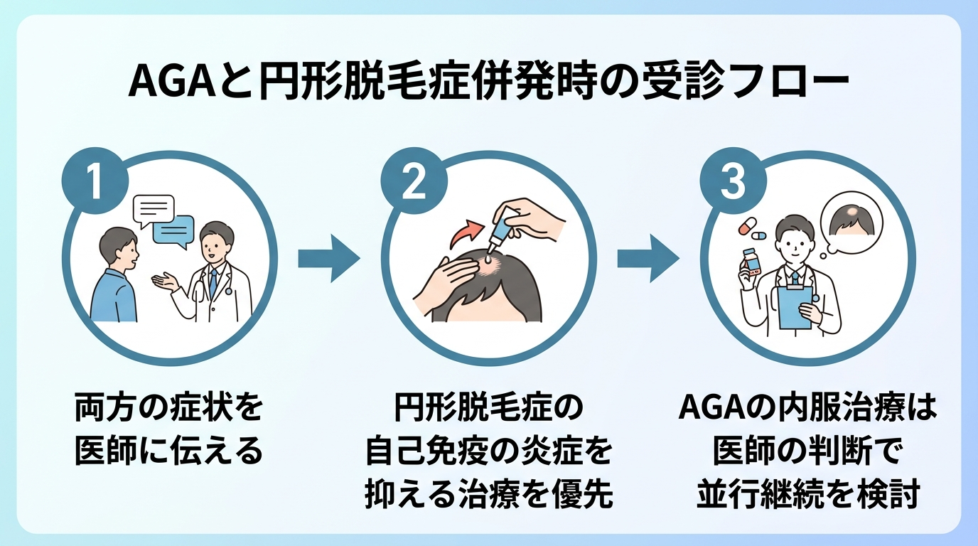タイトル: AGAと円形脱毛症併発時の受診フロー。ステップ1:両方の症状を医師に伝える。ステップ2:円形脱毛症の自己免疫の炎症を抑える治療を優先。ステップ3:AGAの内服治療は医師の判断で並行継続を検討。