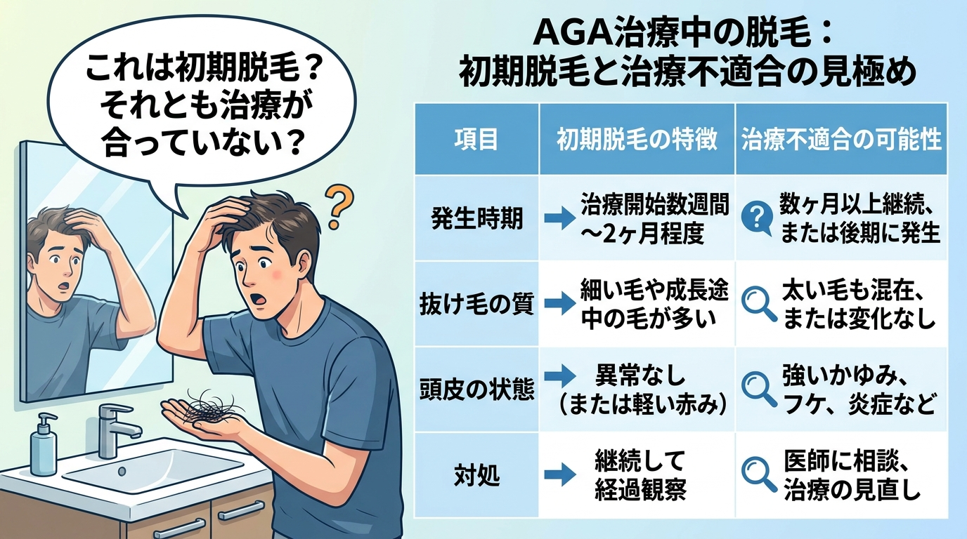 AGA治療中の男性が洗面台の鏡の前で自分の頭頂部と生え際を確認し、手のひらに乗せた抜け毛を見て驚いた表情をしているイラスト。吹き出しに「これは初期脱毛?それとも治療が合っていない?」という文言を配置。