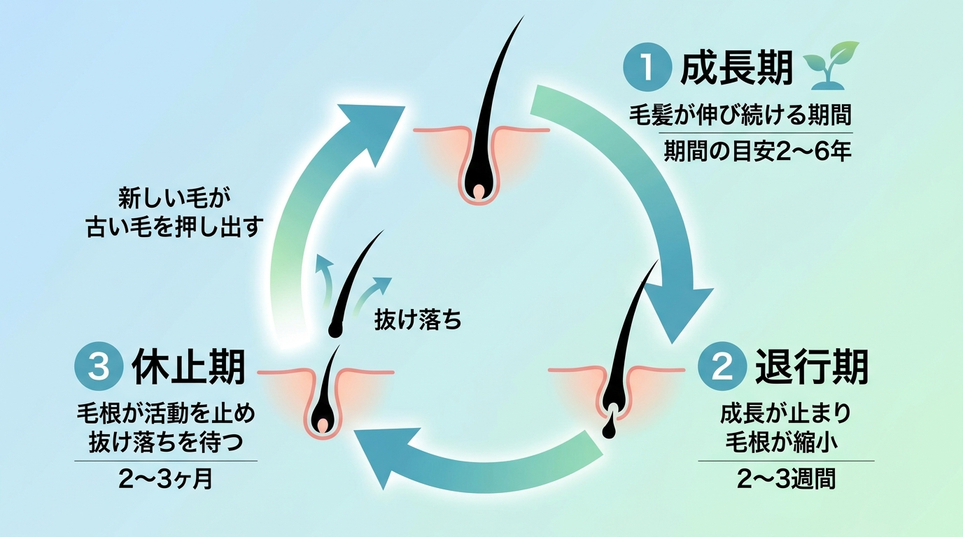 毛髪のヘアサイクルを示す図解イラスト。円環状に3つのフェーズを配置: 成長期(毛髪が伸び続ける、期間の目安2〜6年)→退行期(成長が止まり毛根が縮小、2〜3週間)→休止期(毛根が活動を止め抜け落ちを待つ、2〜3ヶ月)→再び成長期へ。休止期の毛が矢印で成長期の新しい毛に押し出される様子を強調表示。