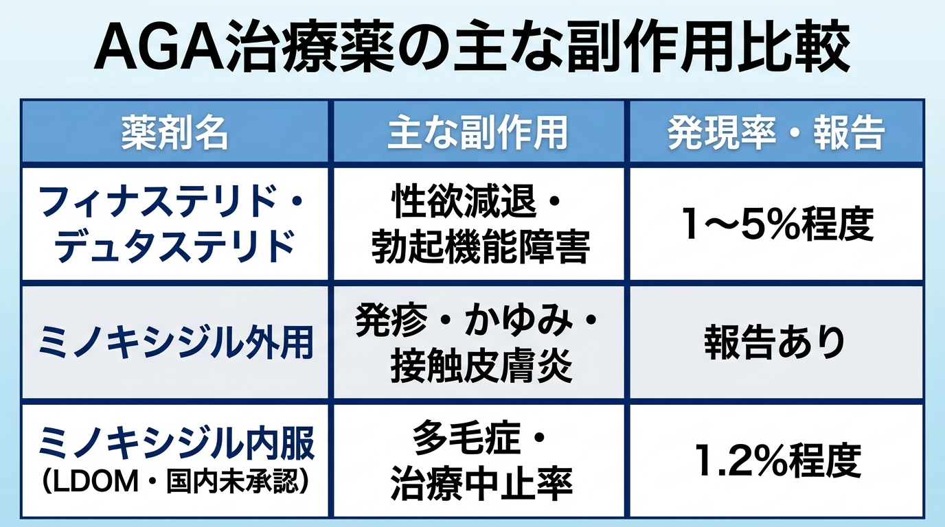 タイトル: AGA治療薬の主な副作用比較。3列の表: 薬剤名 | 主な副作用 | 発現率・報告。行1: フィナステリド・デュタステリド | 性欲減退・勃起機能障害 | 1〜5%程度。行2: ミノキシジル外用 | 発疹・かゆみ・接触皮膚炎 | 報告あり。行3: ミノキシジル内服(LDOM・国内未承認) | 多毛症・治療中止率 | 1.2%程度。