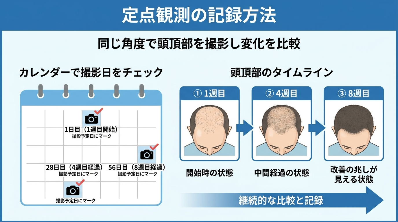 定点観測の記録方法を示すイラスト。同じ角度で撮影した頭頂部の写真を3枚並べたタイムライン(1週目・4週目・8週目)と、カレンダーに撮影日をチェックするアイコンを添える構成。