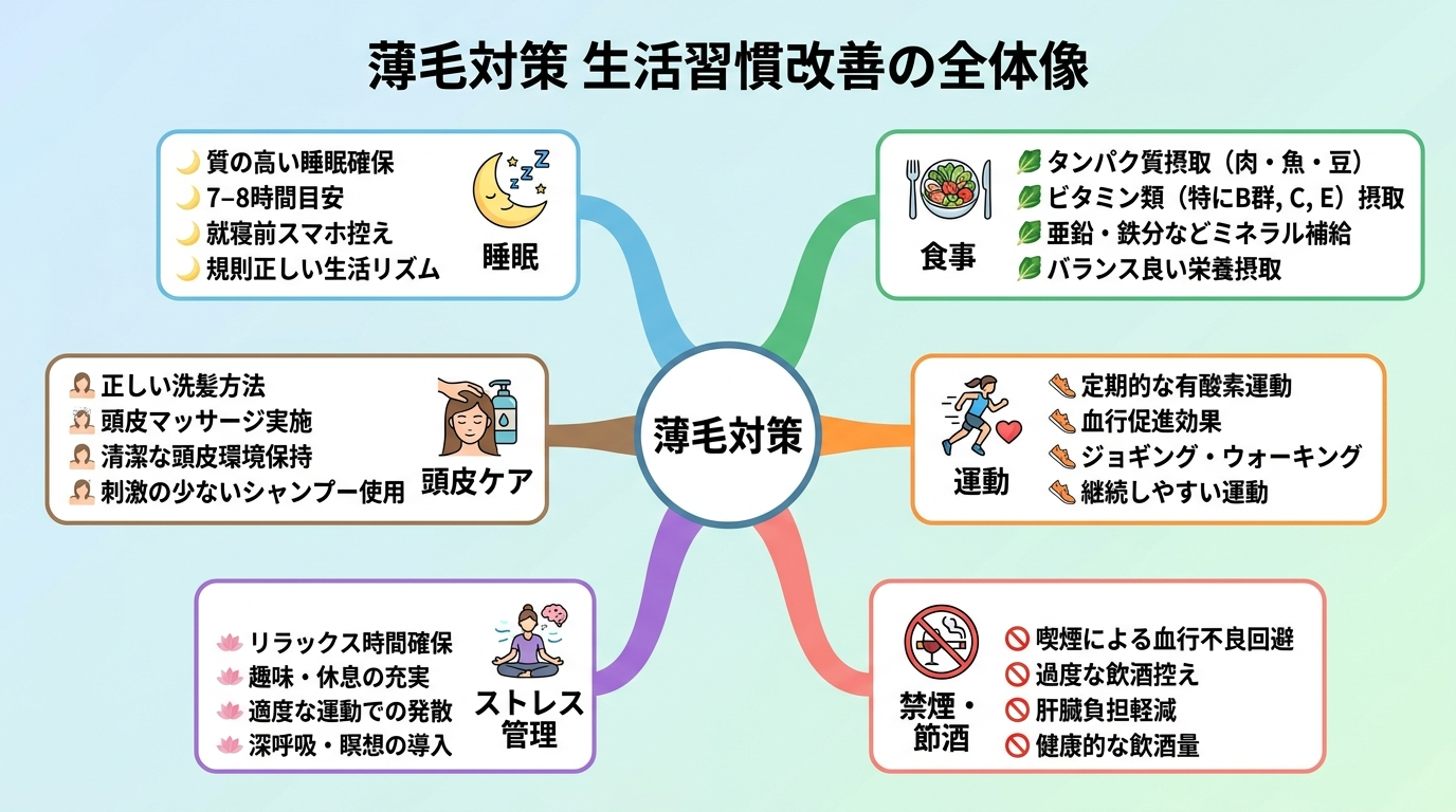 タイトル: 薄毛対策 生活習慣改善の全体像。中央に「薄毛対策」を配置し、6本の枝で睡眠・食事・運動・禁煙節酒・ストレス管理・頭皮ケアの6項目を接続するマインドマップ風の図解。