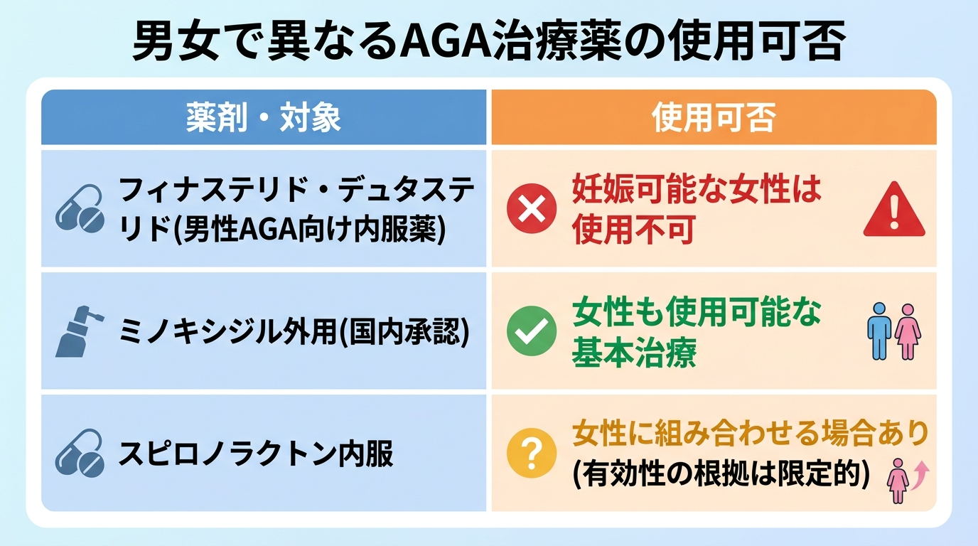 タイトル: 男女で異なるAGA治療薬の使用可否。2列表: 薬剤・対象 | 使用可否。行1: フィナステリド・デュタステリド(男性AGA向け内服薬) | 妊娠可能な女性は使用不可。行2: ミノキシジル外用(国内承認) | 女性も使用可能な基本治療。行3: スピロノラクトン内服 | 女性に組み合わせる場合あり(有効性の根拠は限定的)。