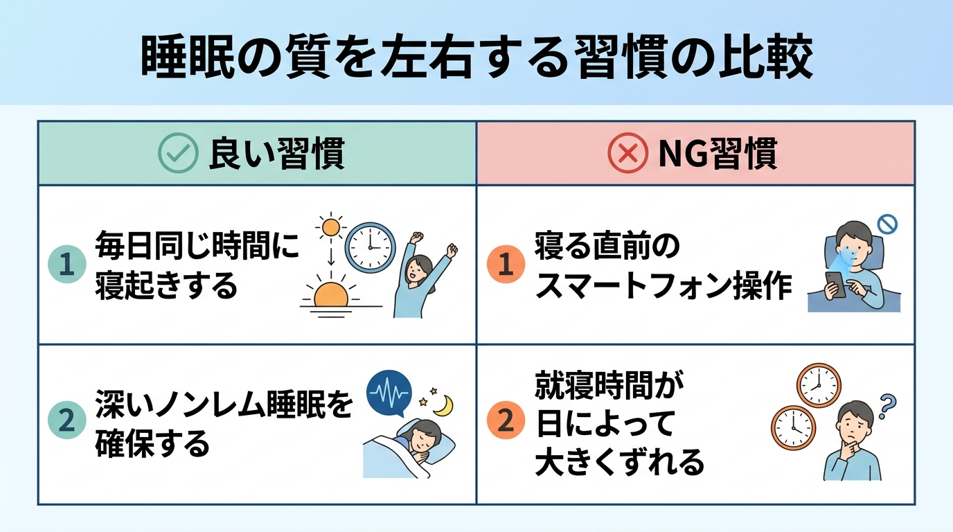 タイトル: 睡眠の質を左右する習慣の比較。2列表: 良い習慣(毎日同じ時間に寝起きする/深いノンレム睡眠を確保する)とNG習慣(寝る直前のスマートフォン操作/就寝時間が日によって大きくずれる)。