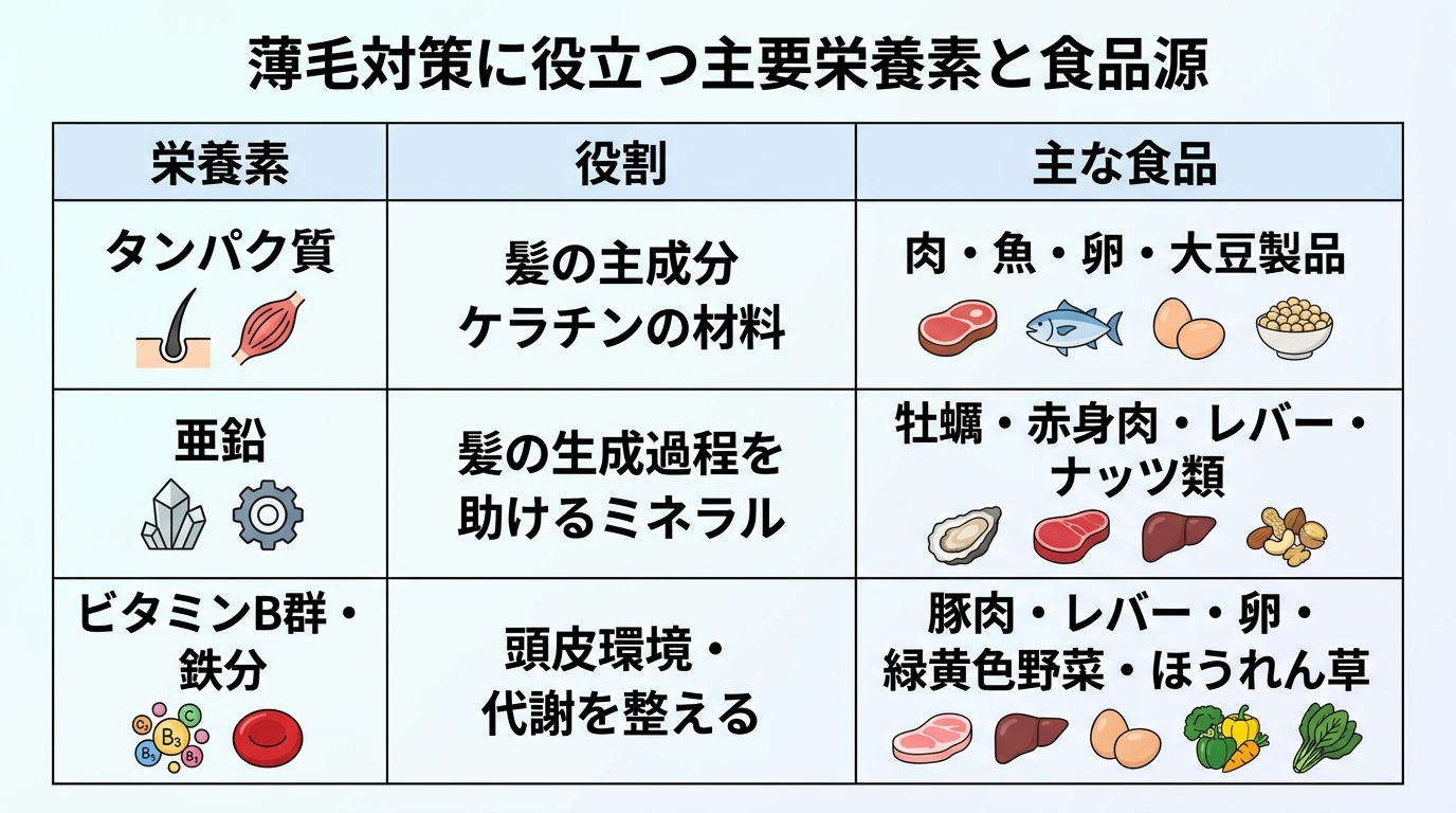 タイトル: 薄毛対策に役立つ主要栄養素と食品源。3列表: 栄養素 | 役割 | 主な食品。行1: タンパク質 | 髪の主成分ケラチンの材料 | 肉・魚・卵・大豆製品。行2: 亜鉛 | 髪の生成過程を助けるミネラル | 牡蠣・赤身肉・レバー・ナッツ類。行3: ビタミンB群・鉄分 | 頭皮環境・代謝を整える | 豚肉・レバー・卵・緑黄色野菜・ほうれん草。