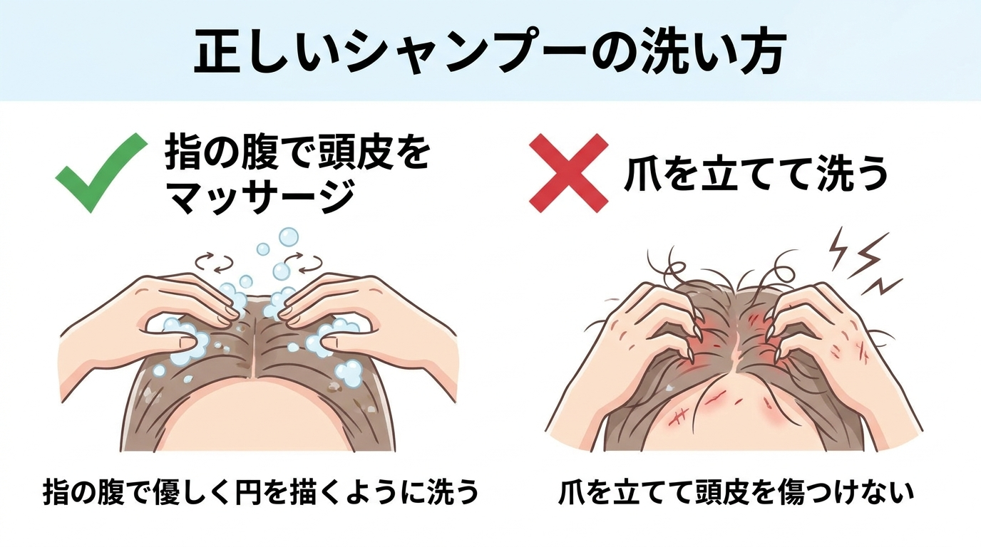 タイトル: 正しいシャンプーの洗い方。手のイラストで「指の腹で頭皮をマッサージするように洗う」良い例を示し、対比としてNG例「爪を立てて洗う」を✕マークで表示。