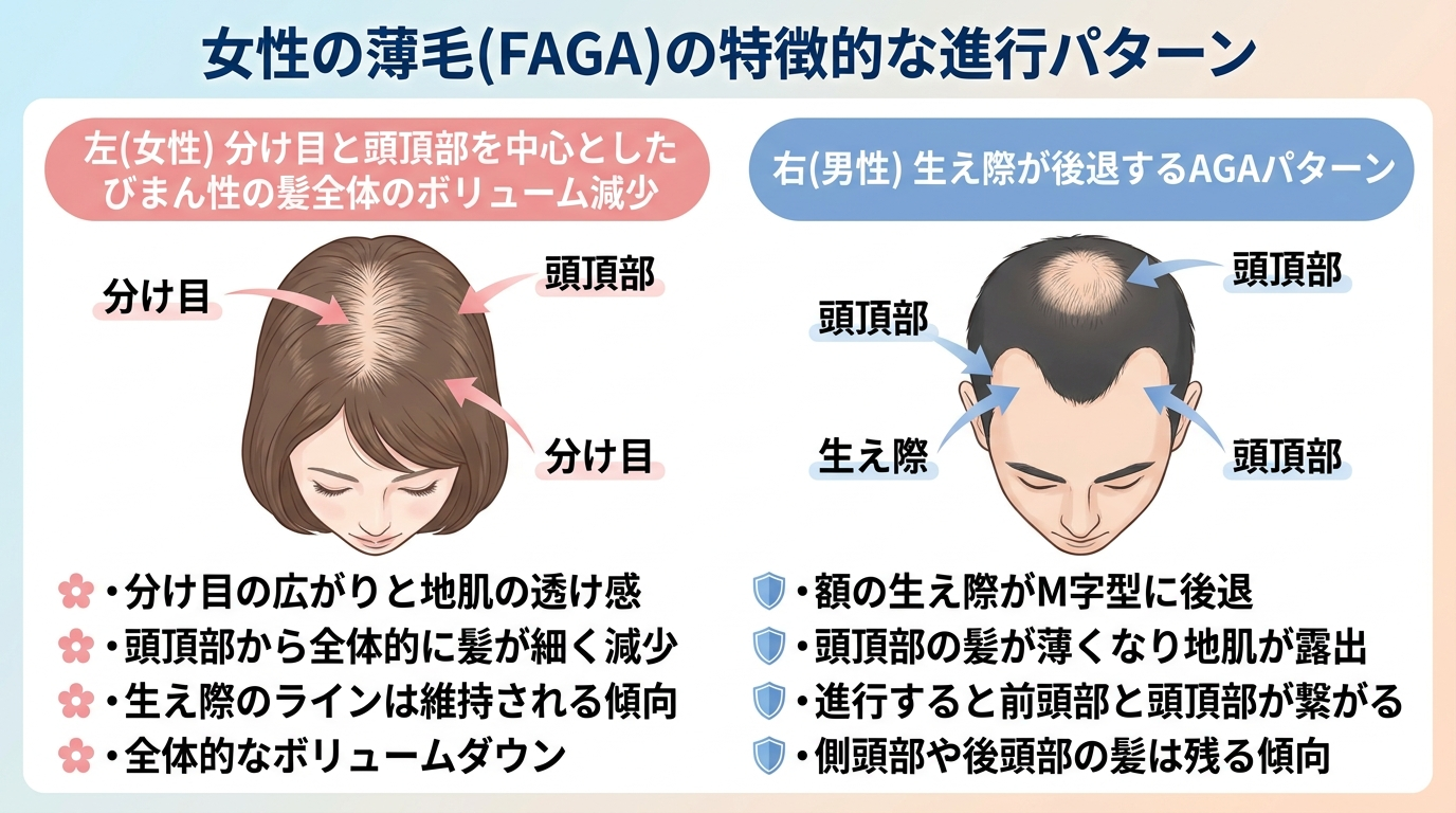 タイトル: 女性の薄毛(FAGA)の特徴的な進行パターン。イラストで比較: 左(女性)分け目と頭頂部を中心としたびまん性の髪全体のボリューム減少。右(男性)生え際が後退するAGAパターン