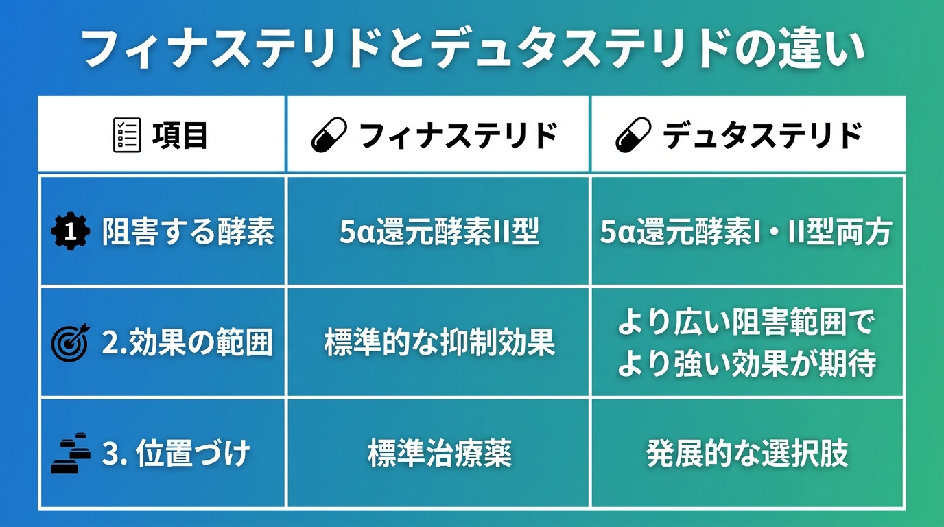 タイトル: フィナステリドとデュタステリドの違い。2列比較: 項目|フィナステリド|デュタステリド。行1:阻害する酵素|5α還元酵素II型|5α還元酵素I・II型両方。行2:効果の範囲|標準的な抑制効果|より広い阻害範囲でより強い効果が期待。行3:位置づけ|標準治療薬|発展的な選択肢