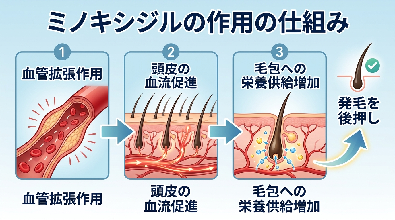 タイトル: ミノキシジルの作用の仕組み。フロー図3ステップ: 1.血管拡張作用 → 2.頭皮の血流促進 → 3.毛包への栄養供給増加により発毛を後押し