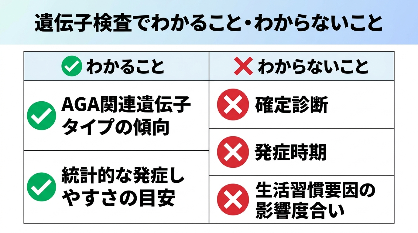 タイトル: 遺伝子検査でわかること・わからないこと。2列比較: 列1(わかること)AGA関連遺伝子タイプの傾向、統計的な発症しやすさの目安。列2(わからないこと)確定診断、発症時期、生活習慣要因の影響度合い