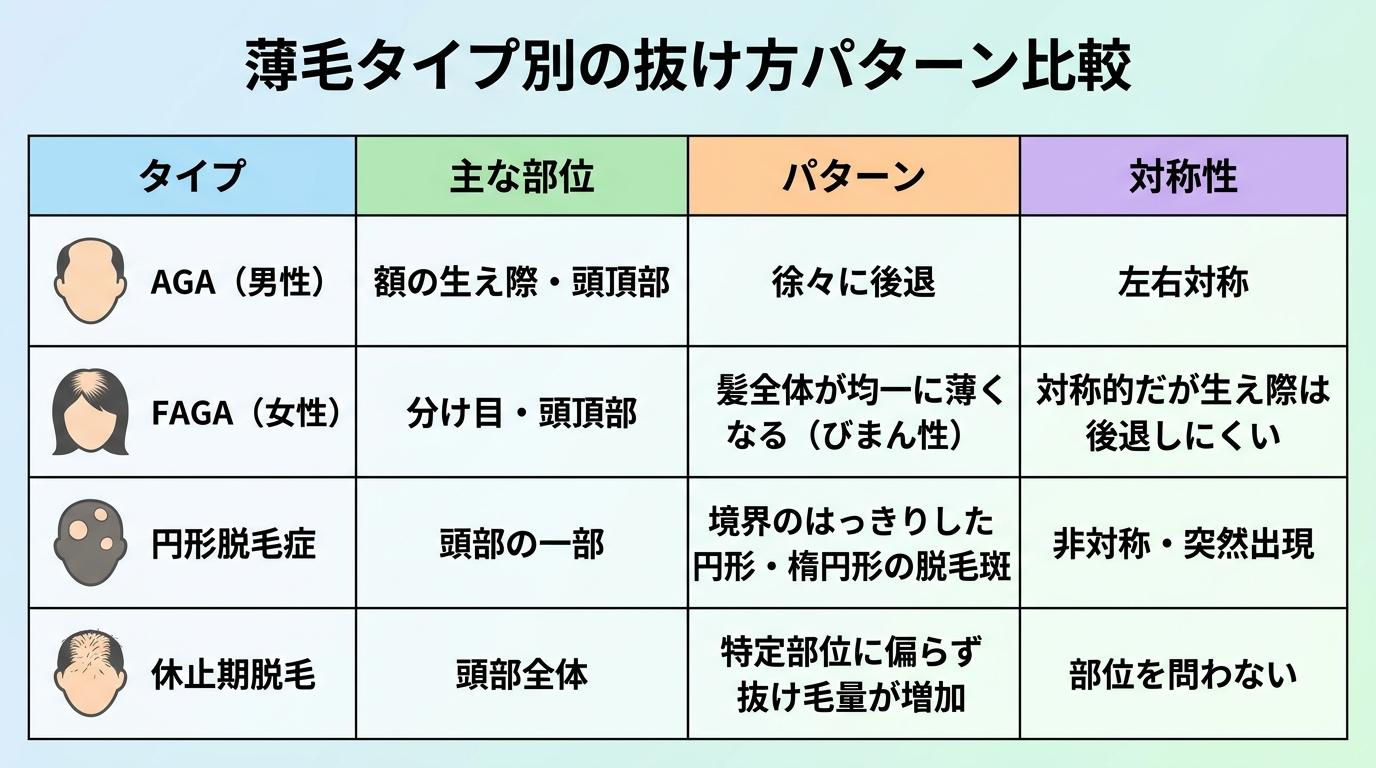 タイトル: 薄毛タイプ別の抜け方パターン比較。4列の表: ヘッダー行: タイプ | 主な部位 | パターン | 対称性。行1: AGA(男性) | 額の生え際・頭頂部 | 徐々に後退 | 左右対称。行2: FAGA(女性) | 分け目・頭頂部 | 髪全体が均一に薄くなる(びまん性) | 対称的だが生え際は後退しにくい。行3: 円形脱毛症 | 頭部の一部 | 境界のはっきりした円形・楕円形の脱毛斑 | 非対称・突然出現。行4: 休止期脱毛 | 頭部全体 | 特定部位に偏らず抜け毛量が増加 | 部位を問わない