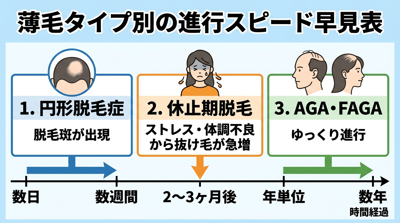 タイトル: 薄毛タイプ別の進行スピード早見表。横軸を時間経過(数日〜数年)としたタイムライン図。項目1: 円形脱毛症=数日〜数週間で脱毛斑が出現。項目2: 休止期脱毛=ストレス・体調不良から2〜3ヶ月後に抜け毛が急増。項目3: AGA・FAGA=年単位でゆっくり進行